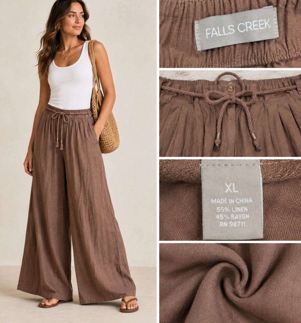 Boho Falls Creek Women's Wide Leg Rope Belt Pants Size XL Brown Linen
